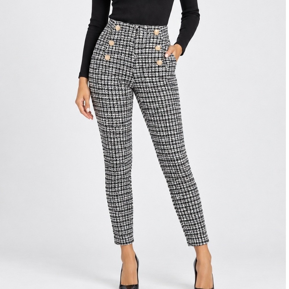 Tommy Hilfiger Houndstooth Sailor Button Skinny Pants Black White Size 6 office